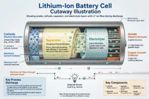 Cutaway illustration of a lithium-ion battery cell showing anode, cathode, separator and electrolyte layers with ion flow