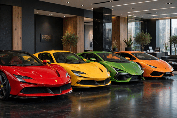 Row of luxury supercars including Ferrari and Lamborghini models in an elegant showroom