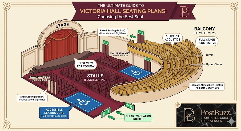 Victoria Hall seating plan layout showing stalls floor seating, elevated balcony, and wheelchair accessible zones for UK venues.