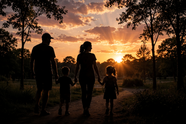 Silhouette of a happy family walking together at sunset in a park, representing family privacy