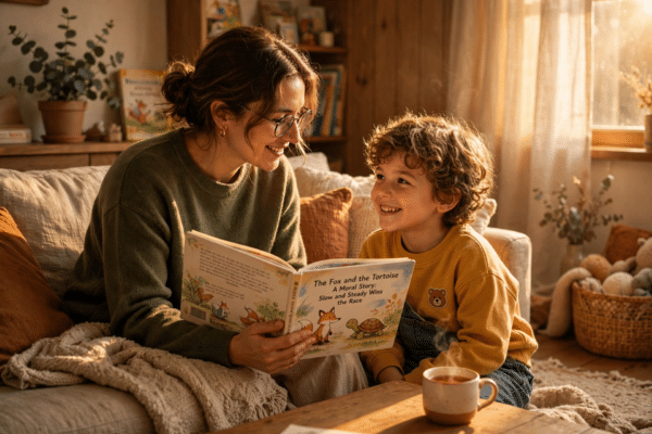 Parent reading a moral storybook to a happy child in a cozy living room with warm golden light