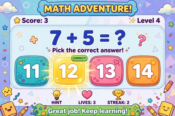 Colourful cartoon maths game for kids with big number buttons and a glowing correct answer button