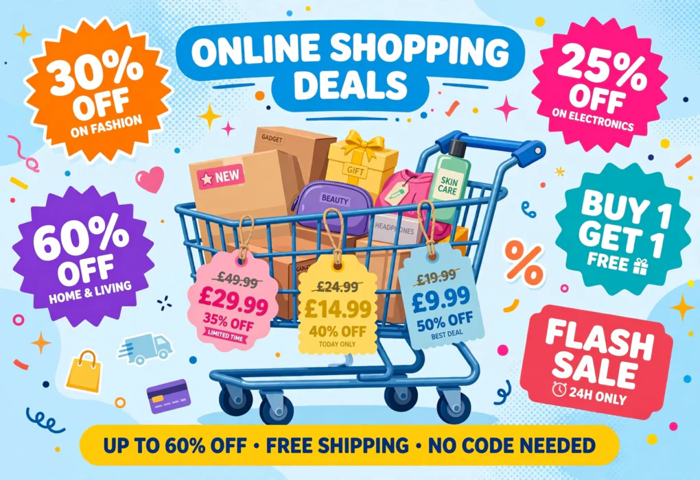 Online shopping deals illustration with a trolley, price tags and percentage badges on a bright background