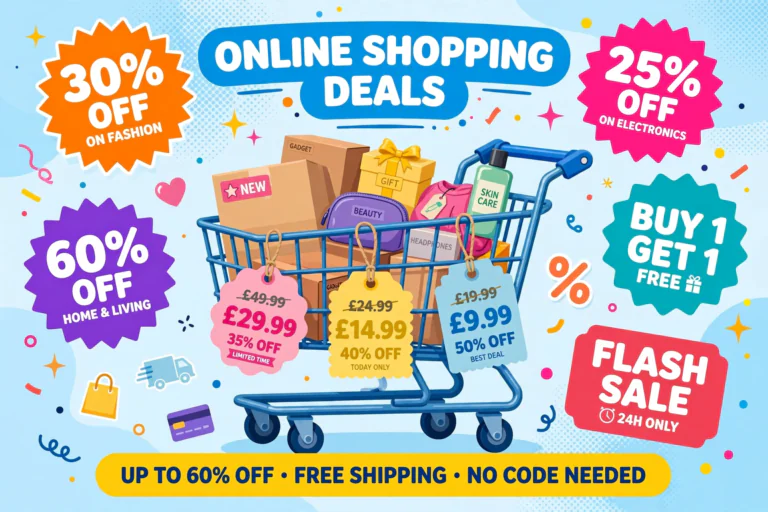 Online shopping deals illustration with a trolley, price tags and percentage badges on a bright background