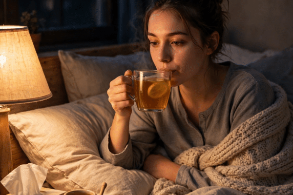 Person in bed at night drinking warm honey and lemon tea to soothe a sore throat