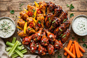 Overhead platter of Wingstop-style chicken wings in mango habanero, barbecue and buffalo sauces with celery, carrots and ranch dips
