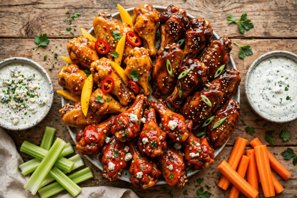 Overhead platter of Wingstop-style chicken wings in mango habanero, barbecue and buffalo sauces with celery, carrots and ranch dips