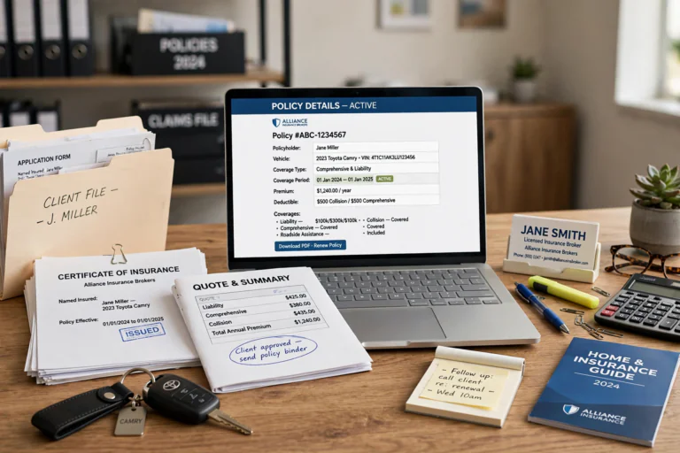 Professional insurance broker office desk with documents, car keys and a laptop showing policy details