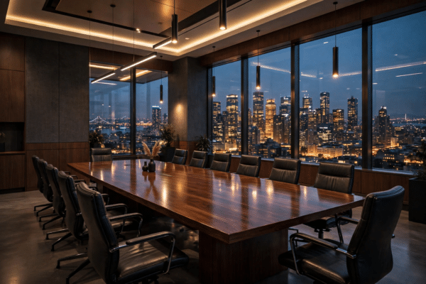 Modern boardroom with city skyline at dusk, representing the setting where The Apprentice candidates face Lord Sugar