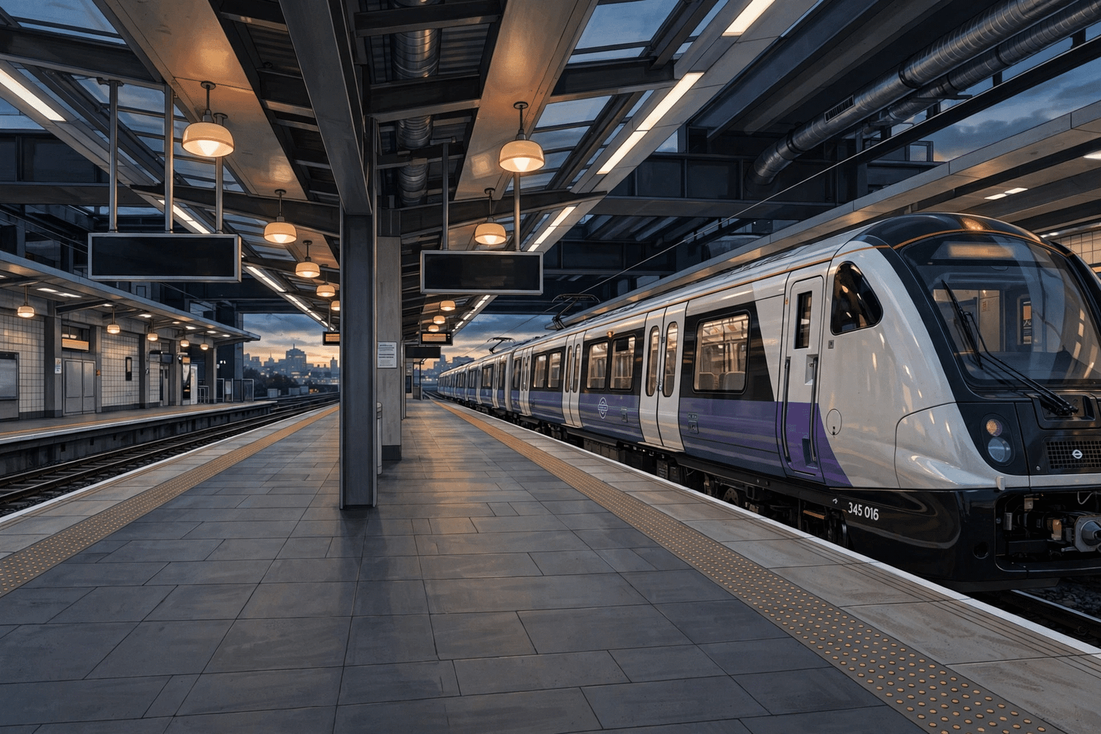 Editorial illustration of an Elizabeth line train at a London railway station platform at dusk, relating to the Ayodele Jamgbadi Ilford station case