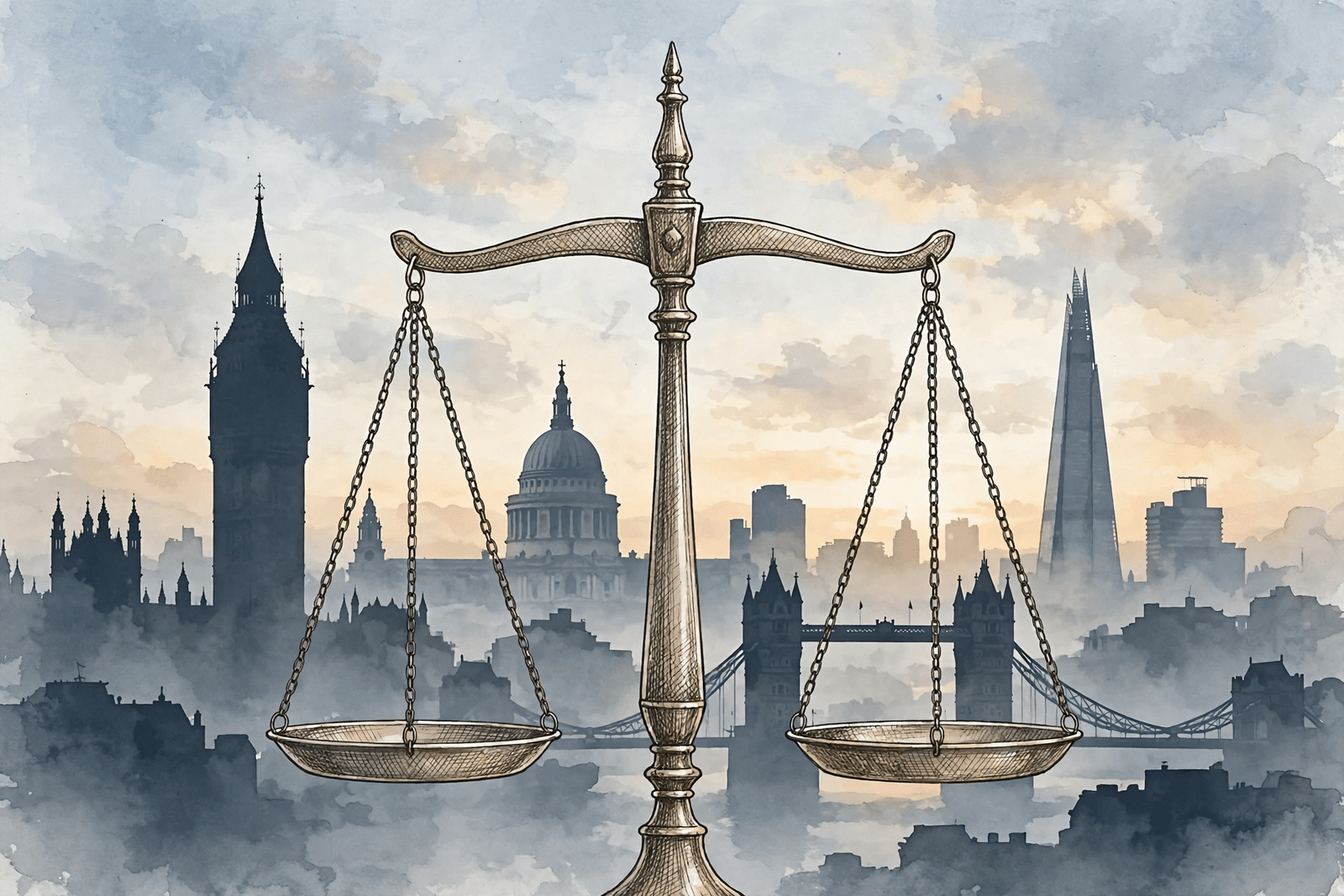 Editorial illustration of the scales of justice against the London skyline, symbolising the court proceedings in the Ayodele Jamgbadi case