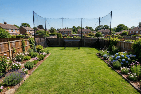 Tall black ball stop netting installed behind a football goal in a UK garden with lawn and flower beds