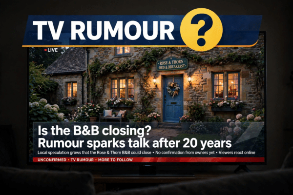 Television screen showing a cosy British bed and breakfast with a question mark overlay about a TV rumour