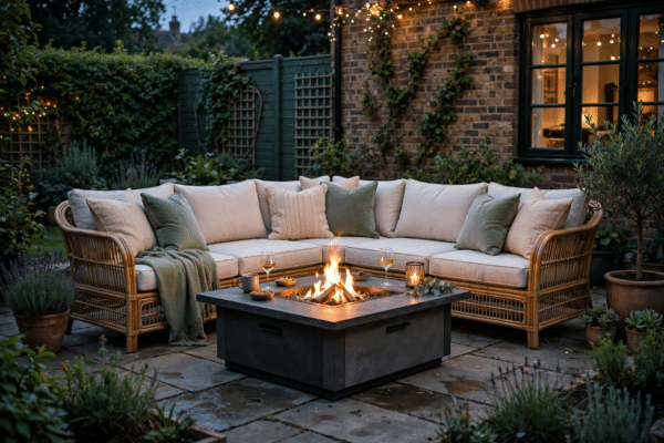 Elegant rattan corner sofa garden furniture set with glowing fire pit table on a UK patio at dusk
