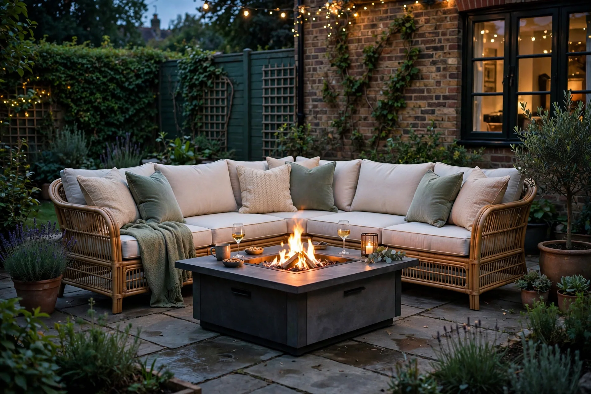 Elegant rattan corner sofa garden furniture set with glowing fire pit table on a UK patio at dusk