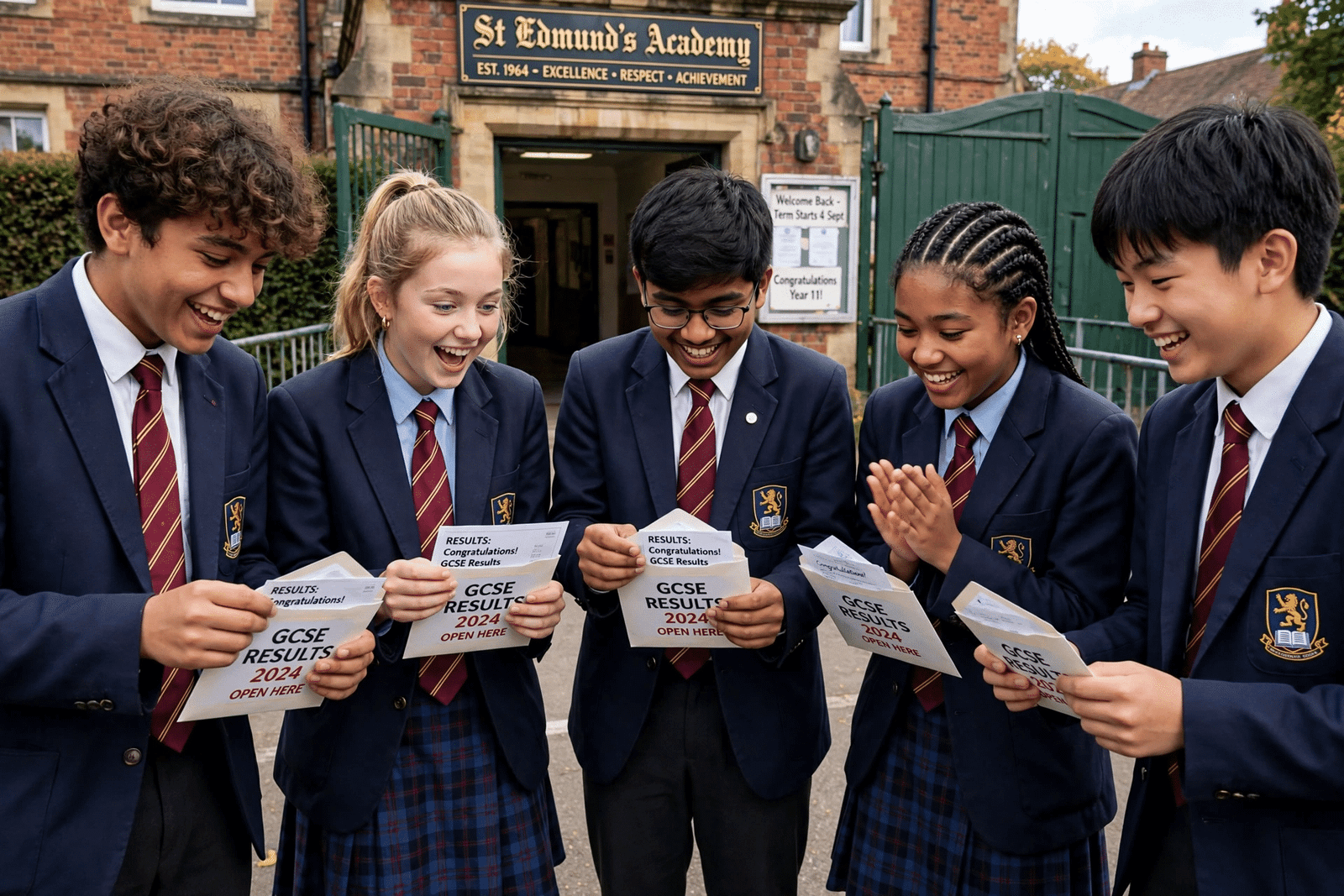 Happy UK students in school uniforms opening GCSE results envelopes together outside school