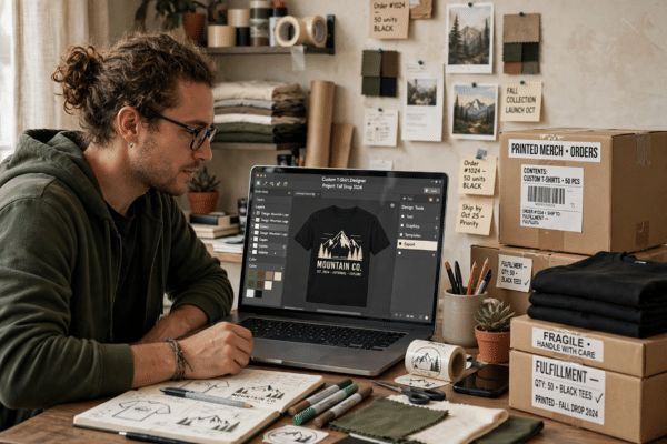 Entrepreneur designing custom t-shirts on a laptop with printed merchandise boxes beside the desk