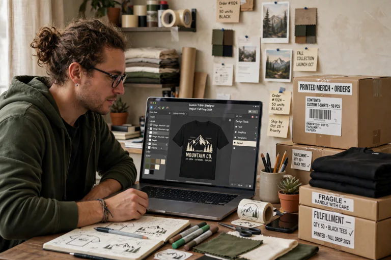 Entrepreneur designing custom t-shirts on a laptop with printed merchandise boxes beside the desk