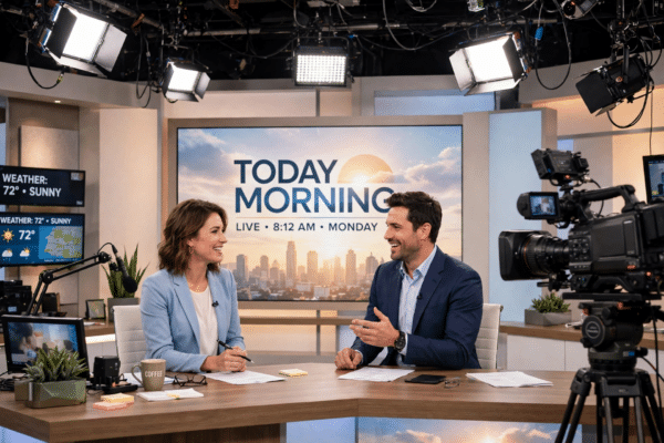 Two television presenters co-hosting a bright morning TV studio show with cameras and lights