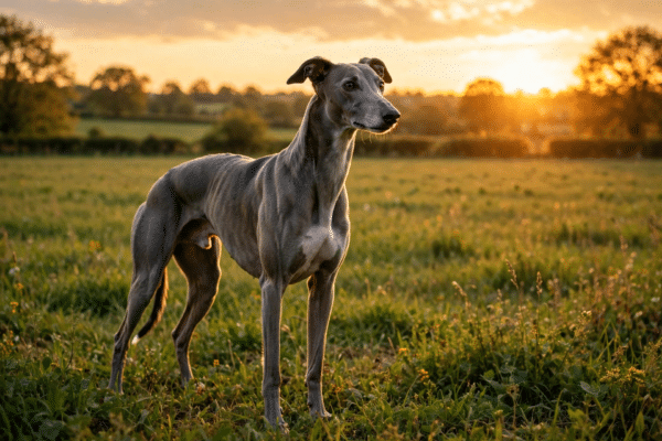 A sleek greyhound dog standing alert in a green field at sunset