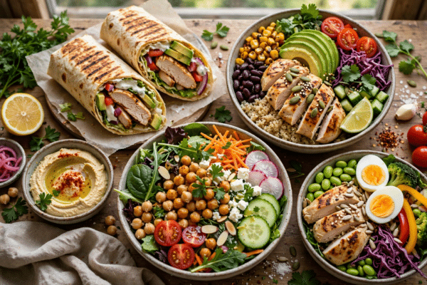 A colourful spread of high protein fast food meals including grilled chicken wraps and fresh salads