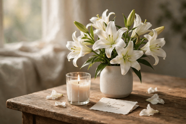 Peaceful white lilies and a lit candle on a wooden table in soft natural light, memorial theme