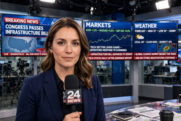 Female television news reporter in a professional studio setting with newsroom screens behind