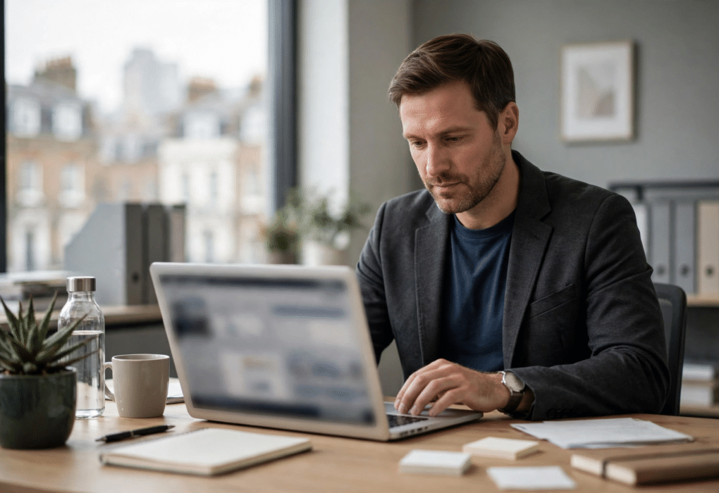 Business owner learning how to change SIC code on Companies House on a laptop