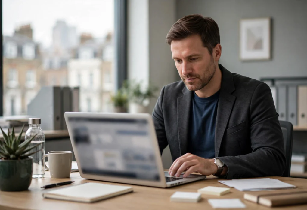 Business owner learning how to change SIC code on Companies House on a laptop