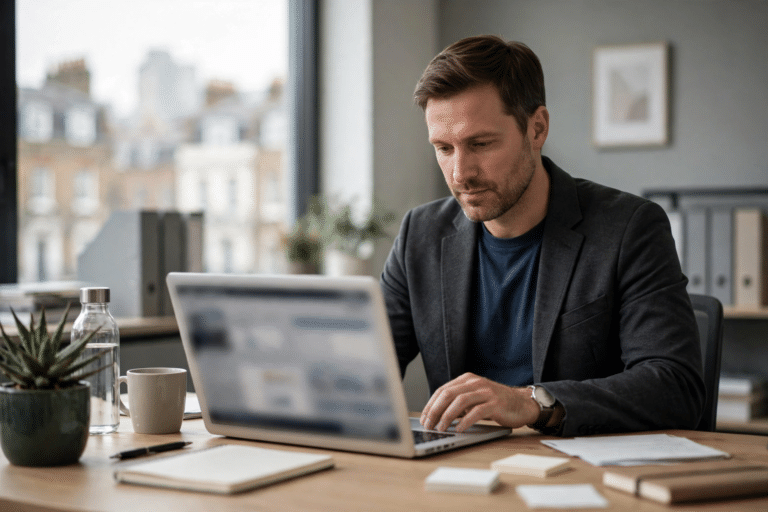 Business owner learning how to change SIC code on Companies House on a laptop