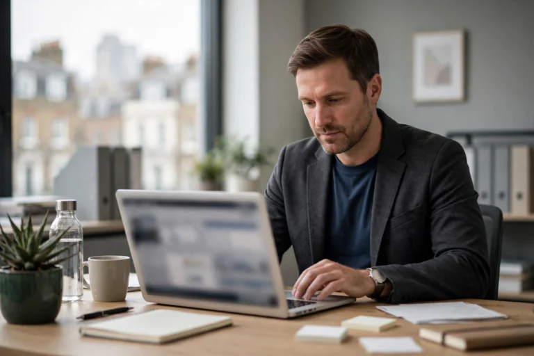 Business owner learning how to change SIC code on Companies House on a laptop