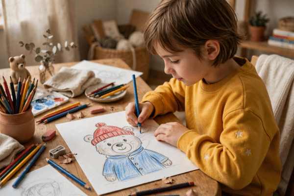 Child drawing a cute bear in a red hat and blue coat with pencils and paper on a table