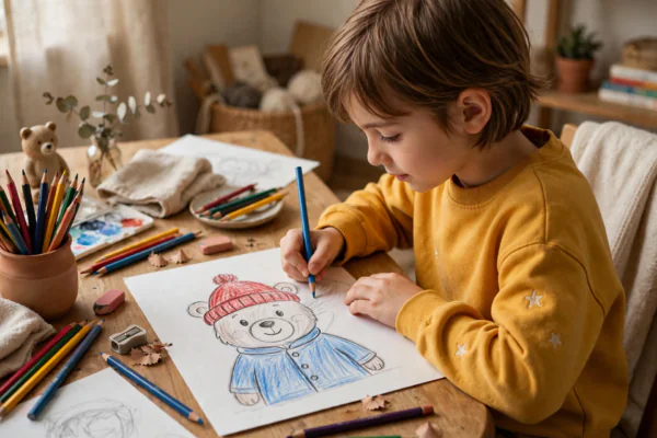 Child drawing a cute bear in a red hat and blue coat with pencils and paper on a table