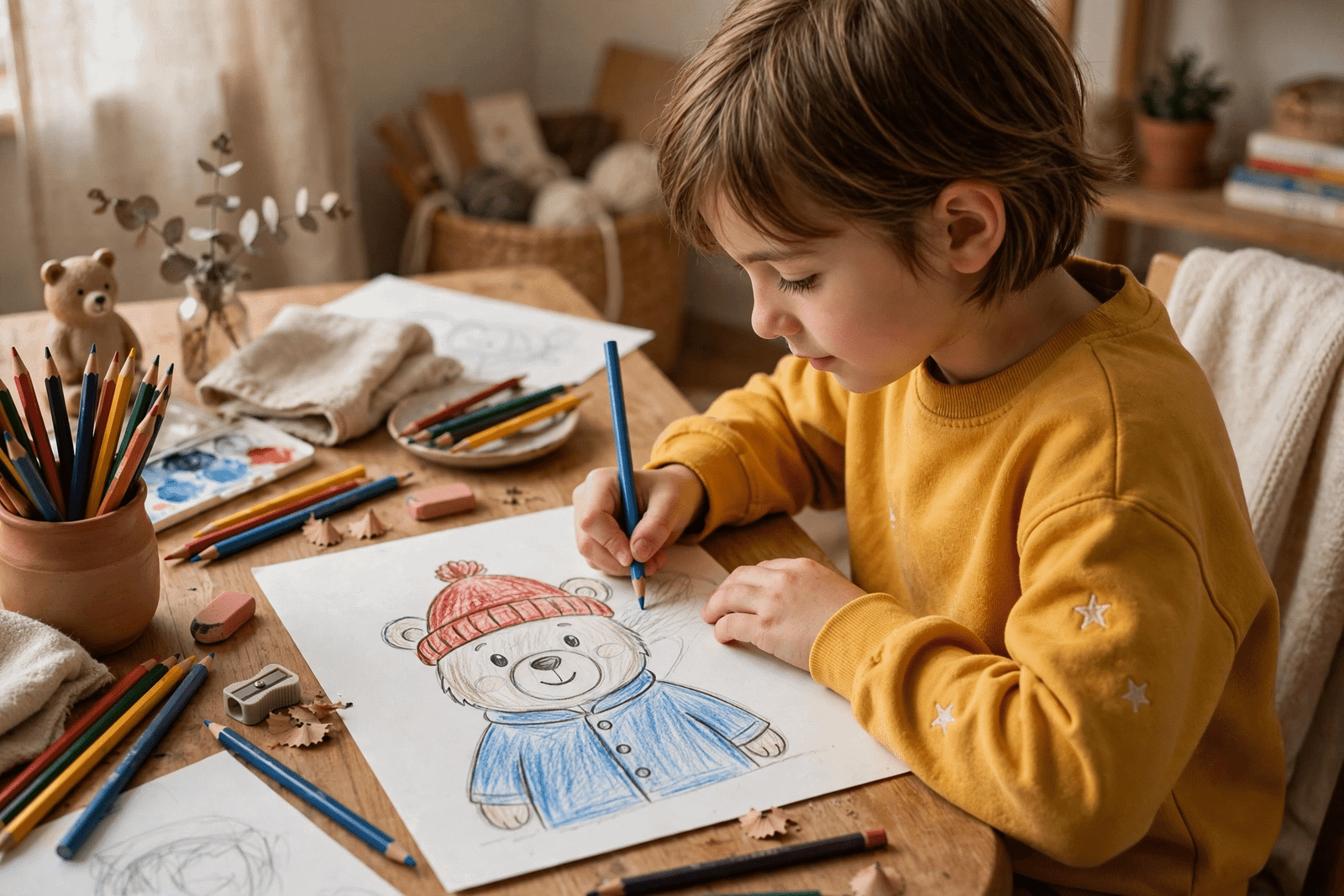 Child drawing a cute bear in a red hat and blue coat with pencils and paper on a table