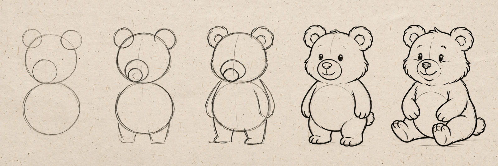 Step-by-step sketch progression of a cartoon bear from simple circles to a finished outline on paper