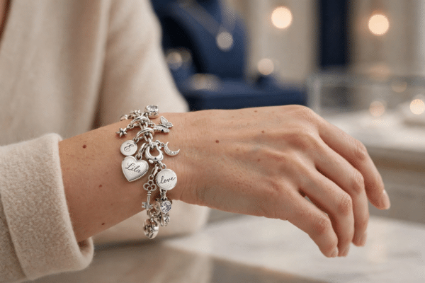Elegant silver pandora bracelet with personalised charms worn on a woman's wrist