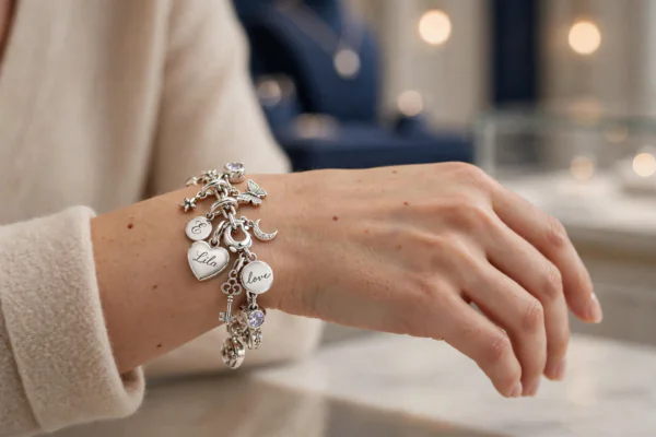 Elegant silver pandora bracelet with personalised charms worn on a woman's wrist