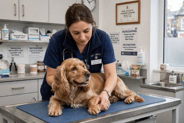 Vet gently examining a medium-sized dog on a table in a UK veterinary clinic