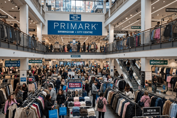 Huge multi-floor interior of primark birmingham, the world's largest Primark store, filled with clothing rails and shoppers