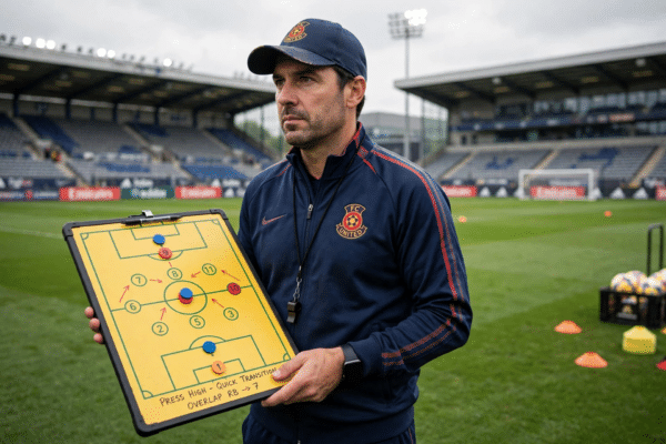 Football coach Steve Holland style figure in a tracksuit holding a tactics board on a training pitch