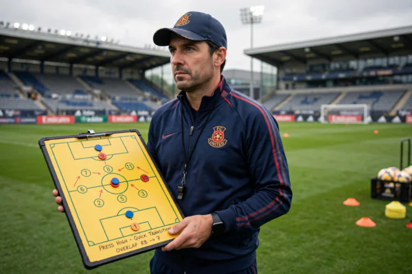 Football coach Steve Holland style figure in a tracksuit holding a tactics board on a training pitch