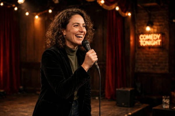 Smiling comedian performing stand-up on stage with a microphone under warm theatre lights