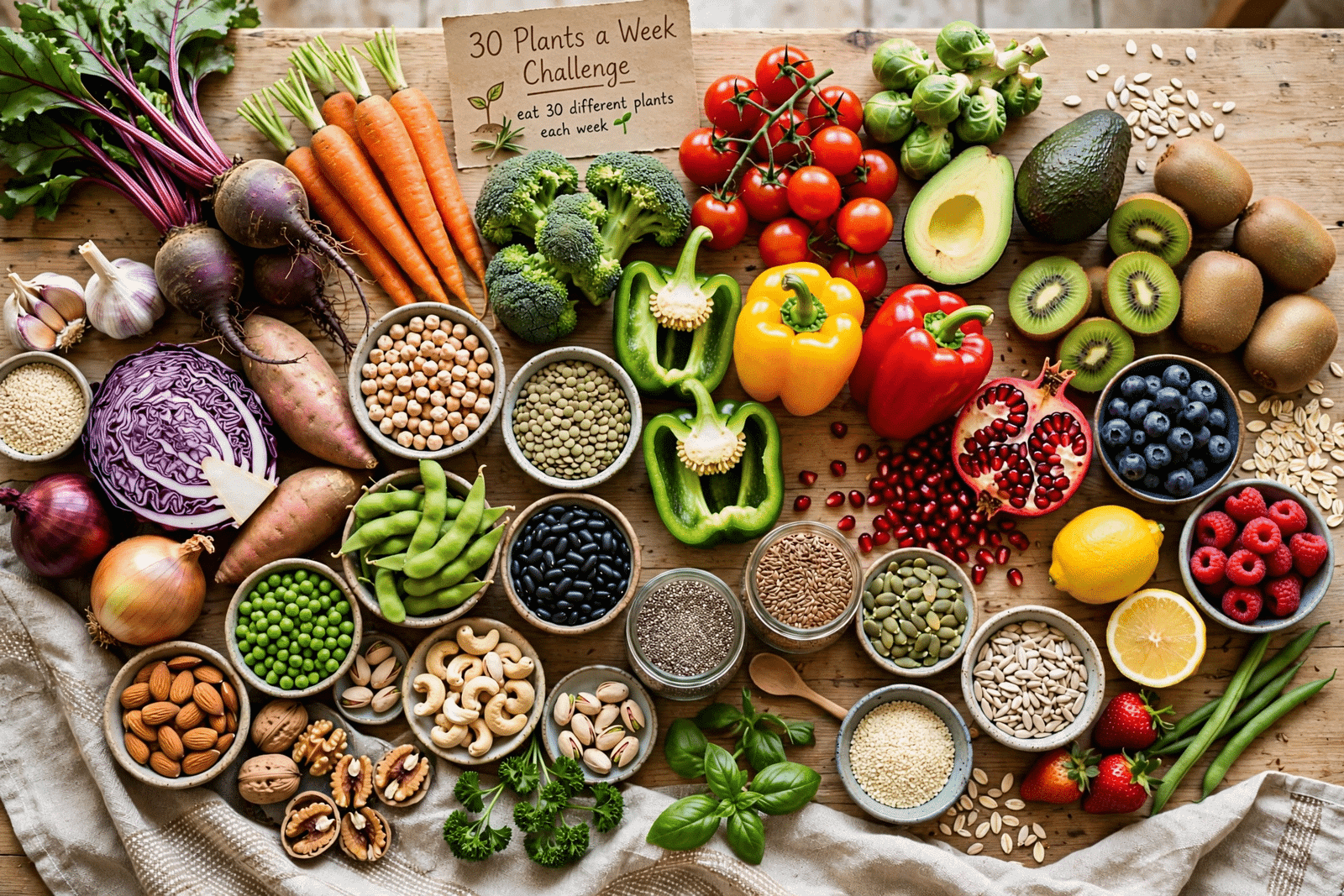 Colourful assortment of vegetables, fruits, legumes, nuts and seeds arranged on a kitchen table for the 30 plants a week challenge