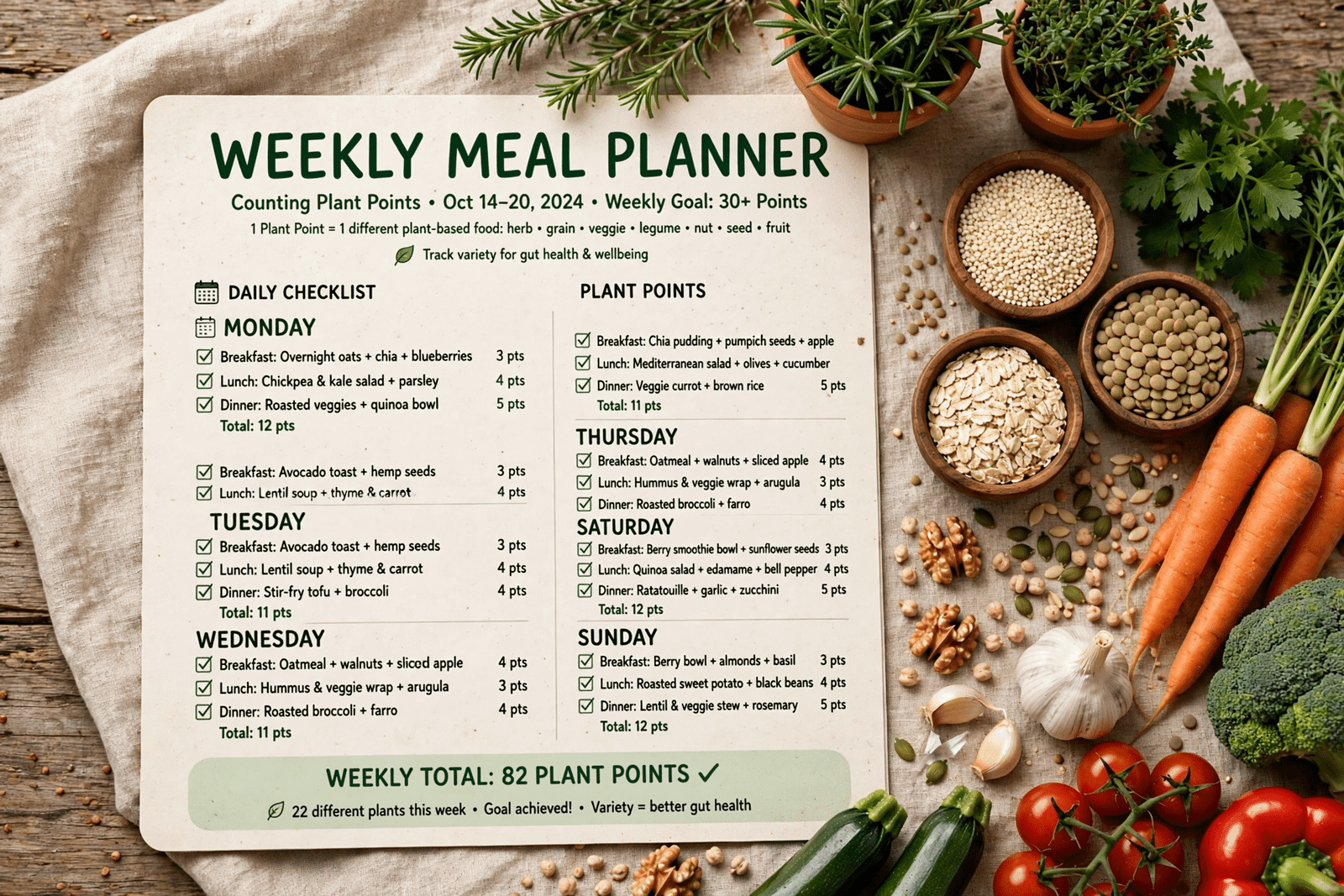 Weekly meal planner checklist counting plant points with fresh herbs, grains and vegetables beside it