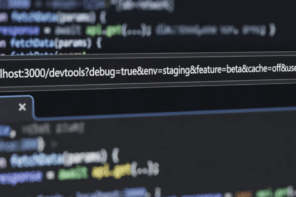 Browser address bar showing a URL with a question mark and query string parameters on a developer's monitor