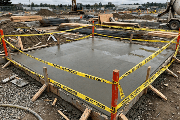 Freshly poured concrete slab curing on a construction site with caution tape around it