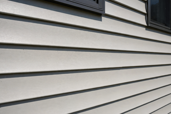 Close-up of clean horizontal vinyl siding panels on a modern suburban home exterior in daylight