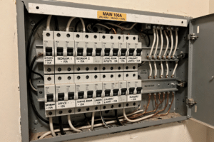 Open residential electrical breaker panel with labeled 15 amp circuit breakers