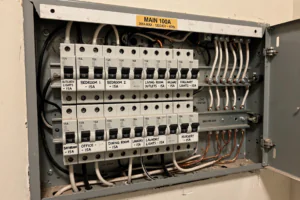 Open residential electrical breaker panel with labeled 15 amp circuit breakers