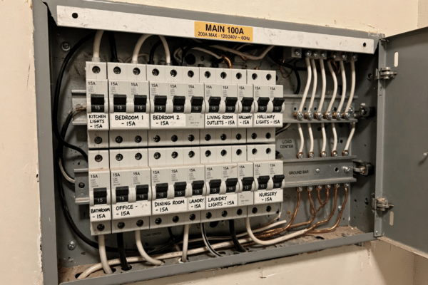Open residential electrical breaker panel with labeled 15 amp circuit breakers